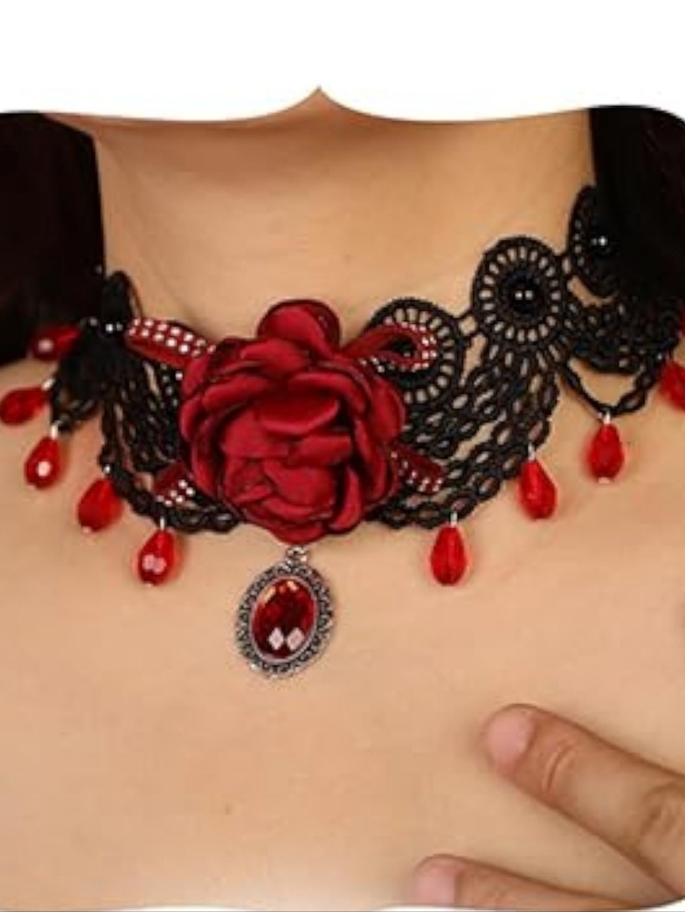 Red Rose Lace Choker Necklace with Red Gem Pendant